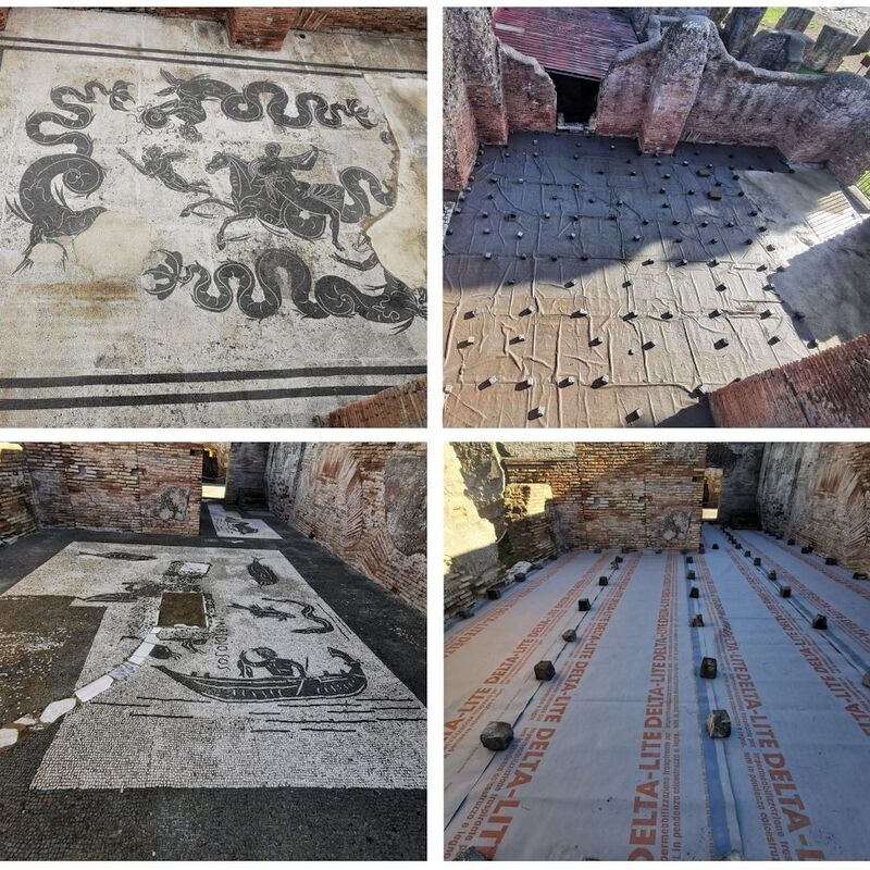 mosaici ostiensi prima e dopo la copertura stagionale